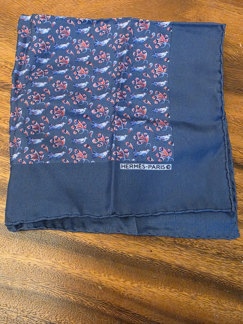 Hermès Paris Navy Silk Pocket Square Red & Blue Floral